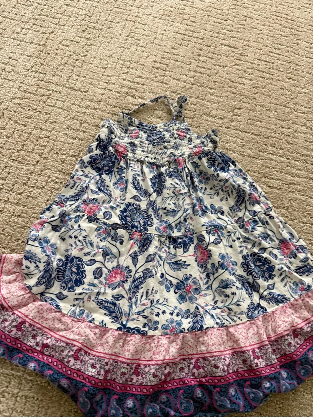 Old Navy White Maxi Dress with Blue Floral and Pink Trim